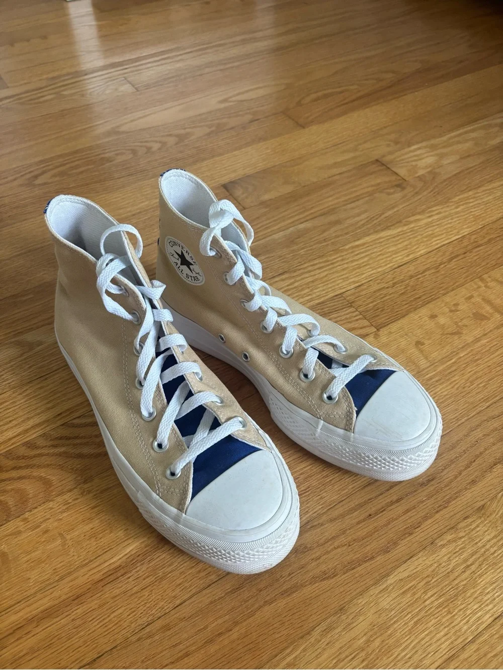 Converse High Top Platform Sneakers in Tan and Navy